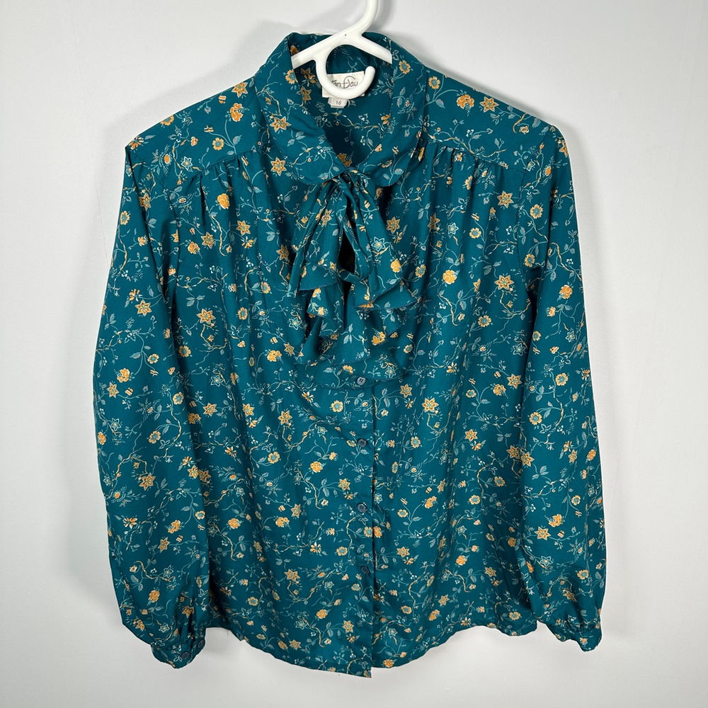 Vintage Tan Jay Teal Printed Ruffle Blouse 16‎